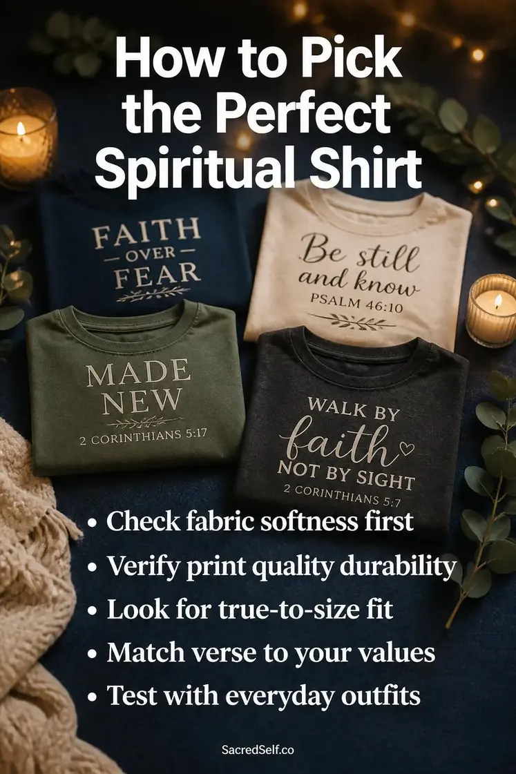 Folded cotton t-shirts with faith-based graphics displayed on deep indigo surface with cream blanket, candles and eucalyptus sprigs - best spiritual shirts for women