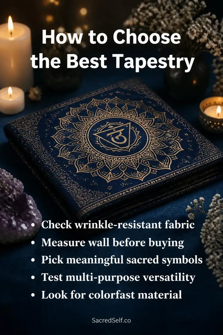 Folded mandala tapestry with candles and botanicals on deep indigo surface with warm bokeh lighting - best spiritual tapestry