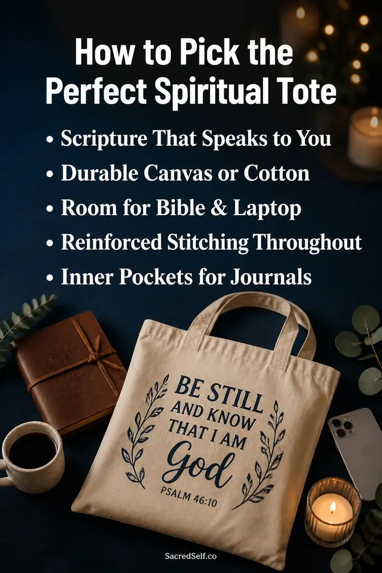 Canvas tote bag with journal, coffee cup and eucalyptus arranged on deep indigo surface with warm candlelight — best spiritual tote bags for women