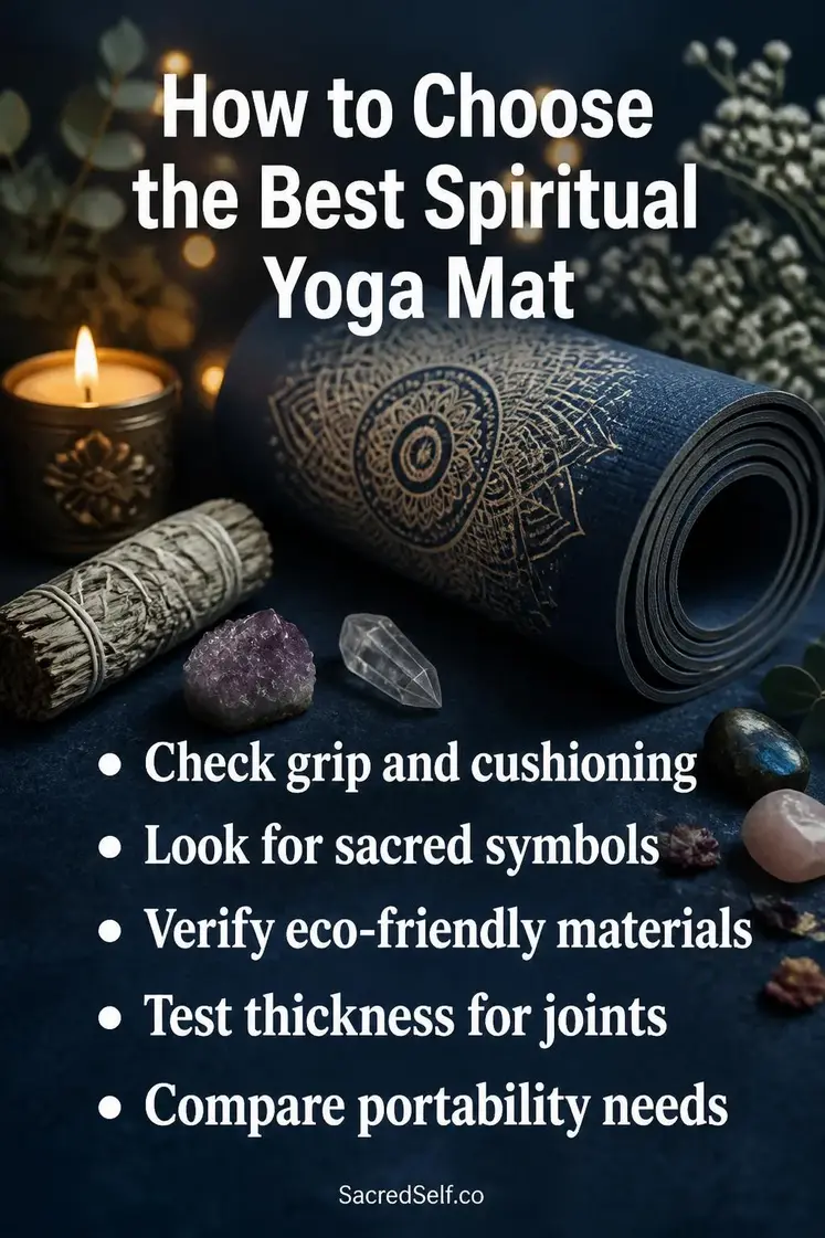 Rolled yoga mat with mandala print surrounded by sage, crystals and candle on deep indigo surface with warm candlelight - best spiritual yoga mat