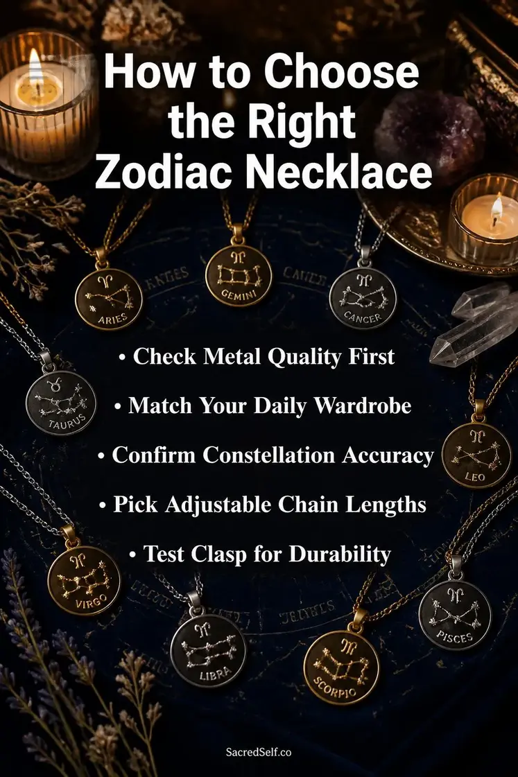Gold and silver zodiac pendant necklaces with constellation designs arranged on deep indigo velvet surface with crystals, cream candles, and dried botanicals - best zodiac necklaces