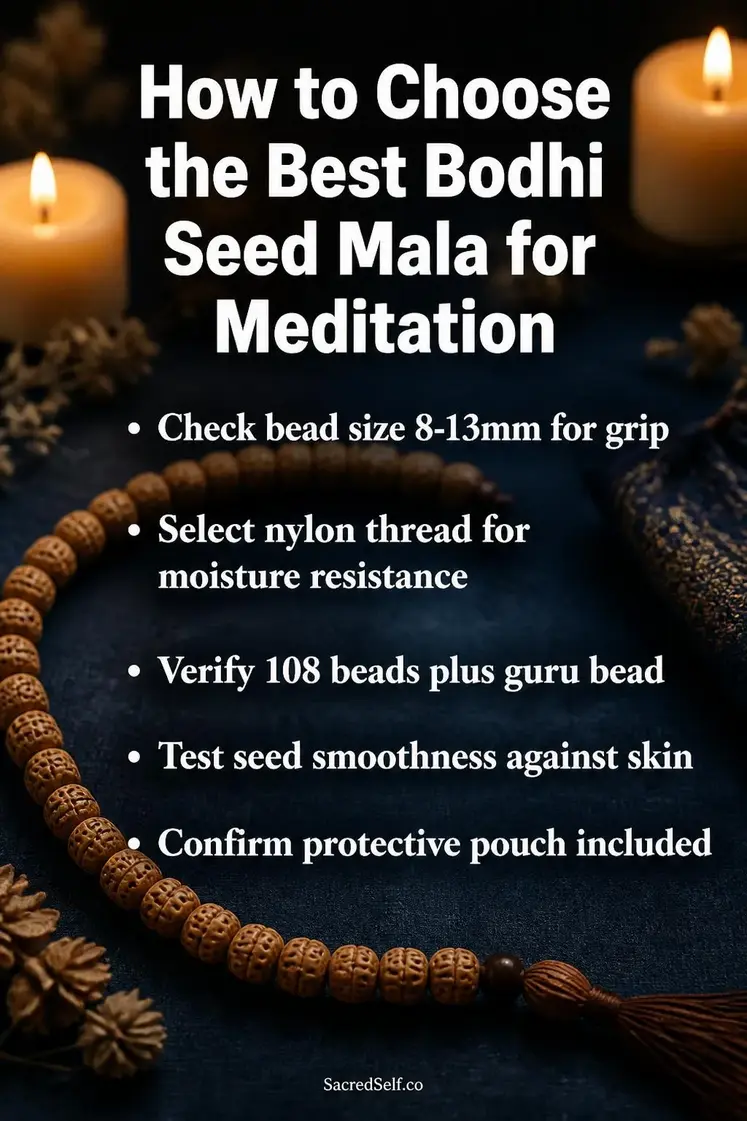 Bodhi seed mala beads curved on deep indigo surface with cream candles and dried botanicals creating warm spiritual meditation scene - bodhi seed malas