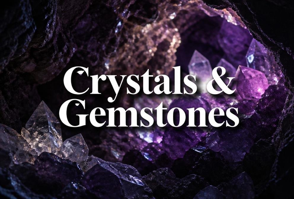 Glowing amethyst and quartz crystal clusters in a dark cave, purple light refractions, crystals and gemstones category banner