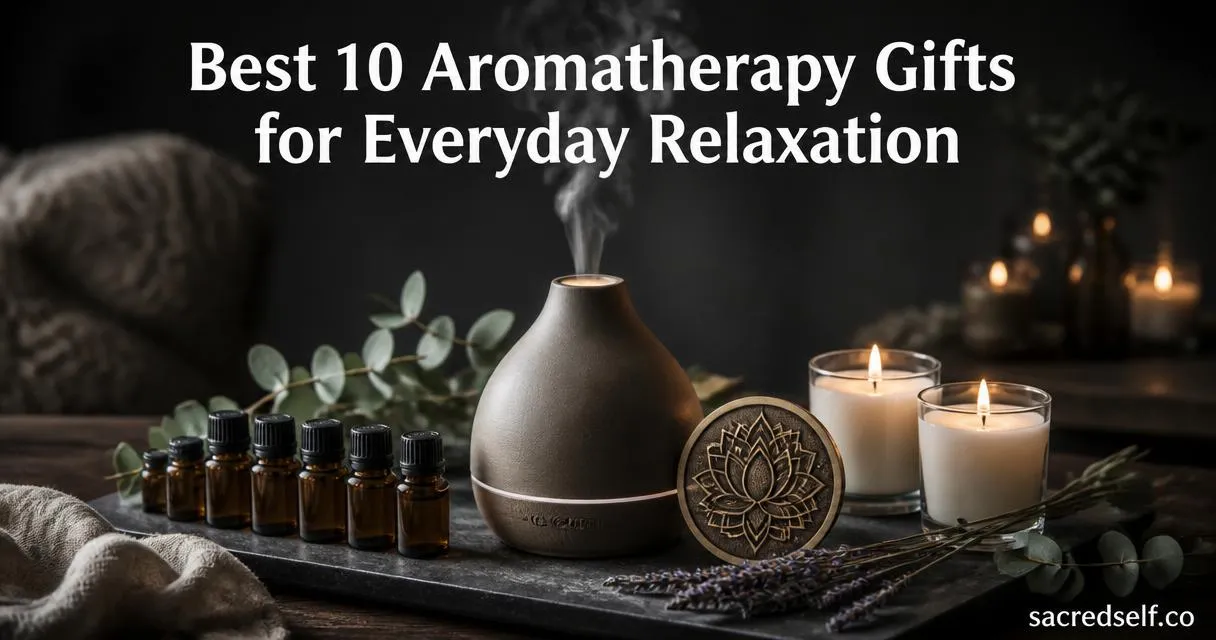 Photorealistic 16:9 still life of an ultrasonic diffuser with small essential oil bottles and soy candles on a dark tray, lotus mandala charm beside the diffuser, cozy natural lighting, large white title centered at top: 'Best 10 Aromatherapy Gifts for Everyday Relaxation', small white watermark 'sacredself.co' bottom right.