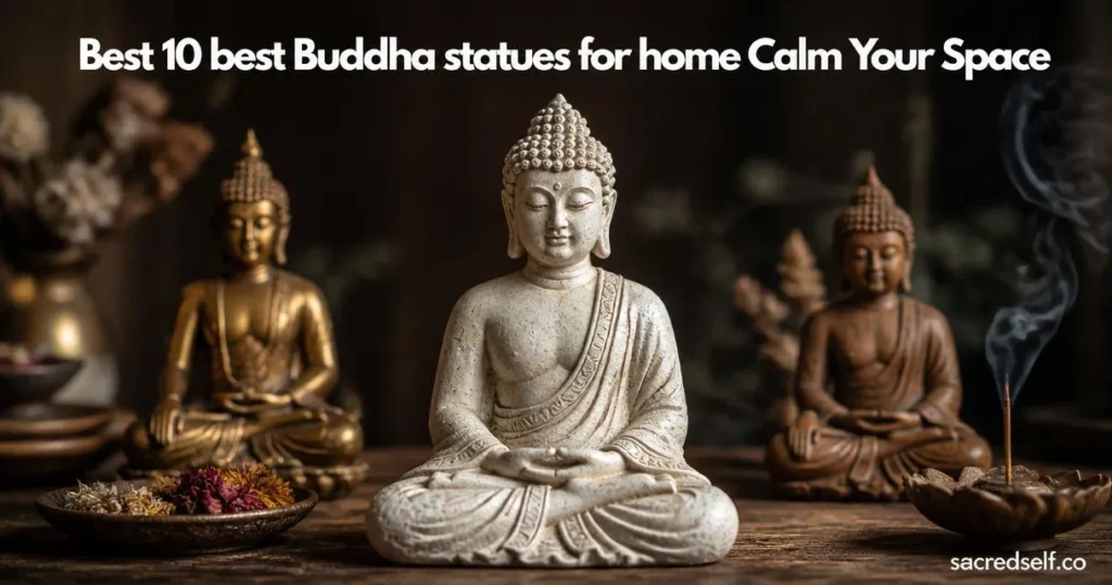 16:9 photorealistic image of a large beige-white Buddha statue center with small gold and wooden Buddha accents on a dark muted background; large white title centered at top and small 'sacredself.co' watermark bottom-right.