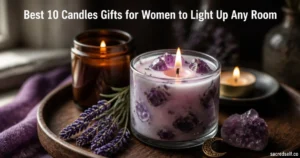 Photorealistic 16:9 still-life of a lavender candle with crystals on a dark tray, lavender sprigs and amethyst nearby, two blurred supporting candles behind, title text centered at top and small 'sacredself.co' watermark bottom right.
