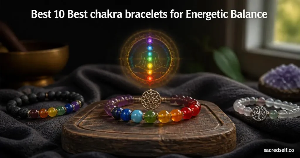 Photorealistic 16:9 cozy arrangement with a 7-chakra bead healing bracelet center-stage, chakra wheel emblem behind it, two blurred supporting bracelets nearby; large white title centered at top: "Best 10 Best chakra bracelets for Energetic Balance" and small white watermark "sacredself.co" bottom right.