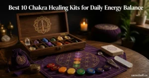 Photorealistic 16:9 image of a 22-piece chakra healing kit arranged on a wooden table with a chakra wheel cloth, seven colored stones, a pendulum and selenite; cozy blurred background with candle and plants. Large white title centered at top reads 'Best 10 Chakra Healing Kits for Daily Energy Balance'; small white watermark 'sacredself.co' in bottom right.