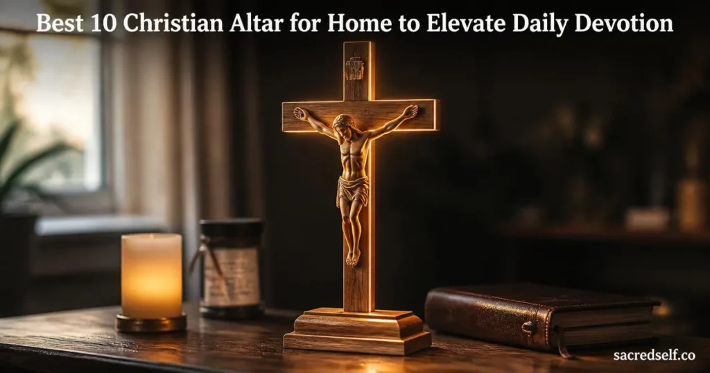 Cozy, photorealistic home altar with an illuminated wooden crucifix on a stand centered in a dark, softly blurred background; warm candle glow and small Bible blurred to the side; white title at top and small "sacredself.co" watermark bottom right.