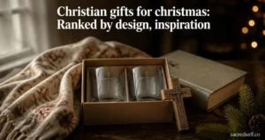 Cozy 16:9 photo of a Faithful Glass Cup Gift Set with etched crosses, Advent devotional book, and floral throw blanket on a dark table; white title centered at top and small 'sacredself.co' watermark bottom right.