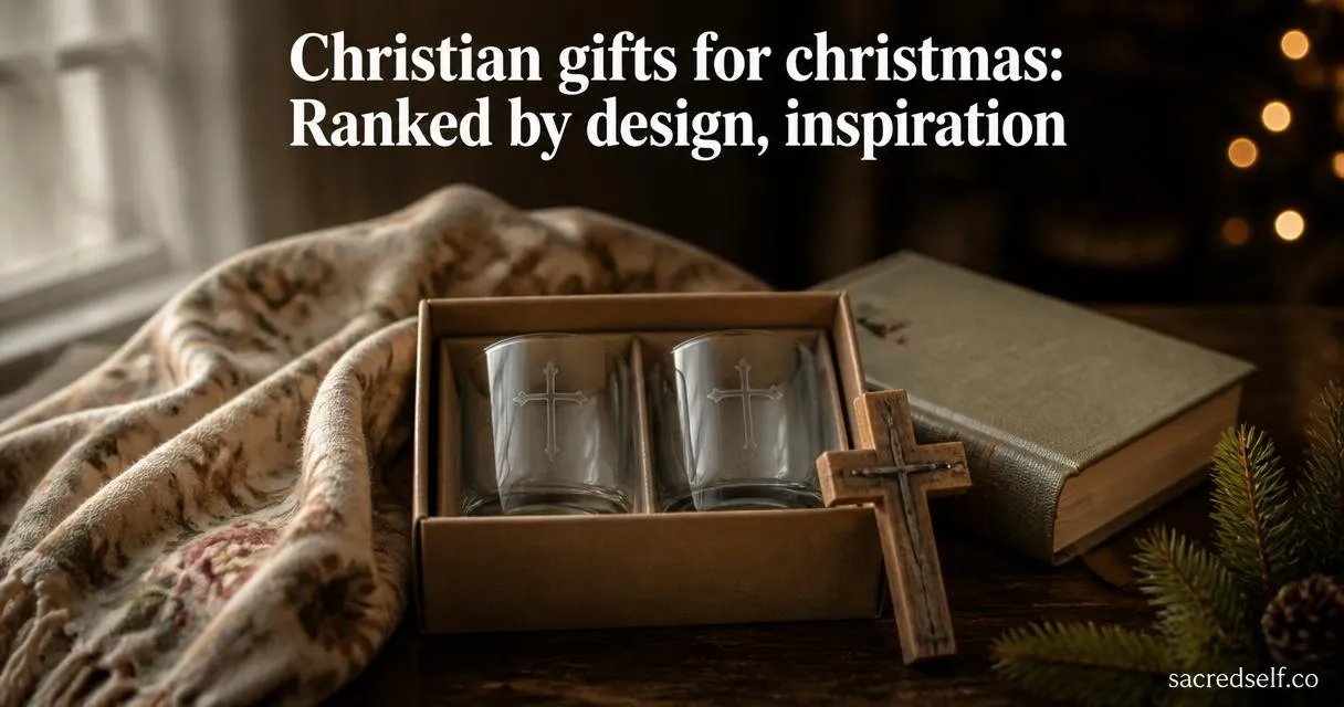 Cozy 16:9 photo of a Faithful Glass Cup Gift Set with etched crosses, Advent devotional book, and floral throw blanket on a dark table; white title centered at top and small 'sacredself.co' watermark bottom right.