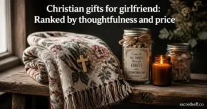 Cozy photorealistic 16:9 shot of a floral inspirational throw blanket with a wooden cross charm, Bible verse mason jar with ribbon and a lit candle on a dark muted background; large white title centered at top and small "sacredself.co" watermark bottom right.
