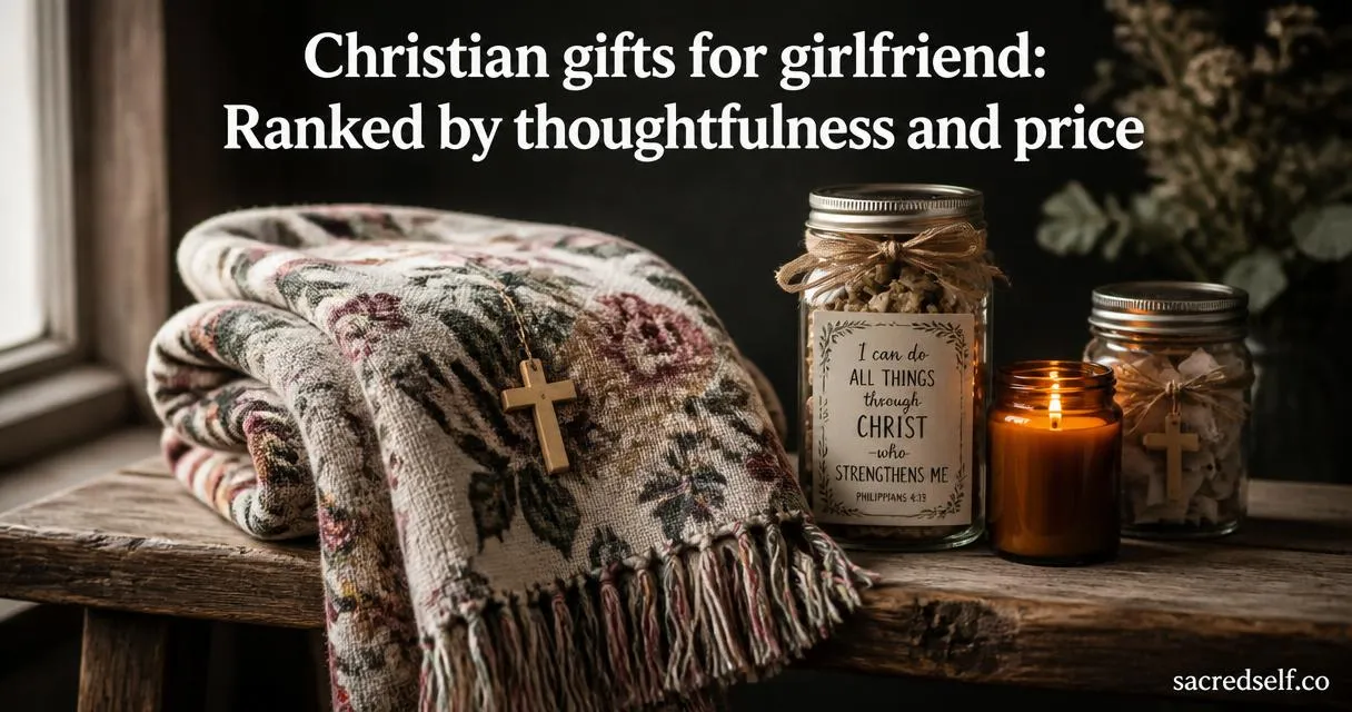 Cozy photorealistic 16:9 shot of a floral inspirational throw blanket with a wooden cross charm, Bible verse mason jar with ribbon and a lit candle on a dark muted background; large white title centered at top and small "sacredself.co" watermark bottom right.