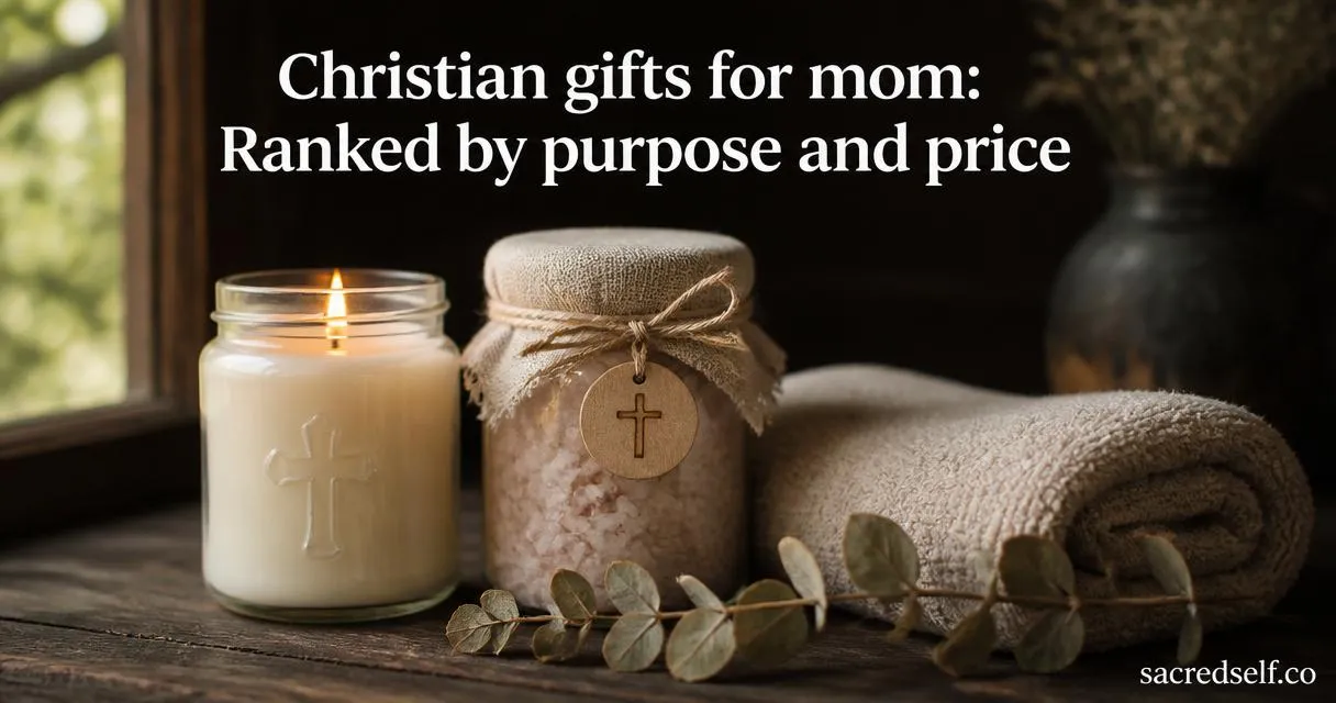 Cozy 16:9 photorealistic still life of a faith-infused spa and candle gift set with subtle cross emblem, towel and eucalyptus on a dark bokeh background; white title centered at top and small "sacredself.co" watermark bottom right.