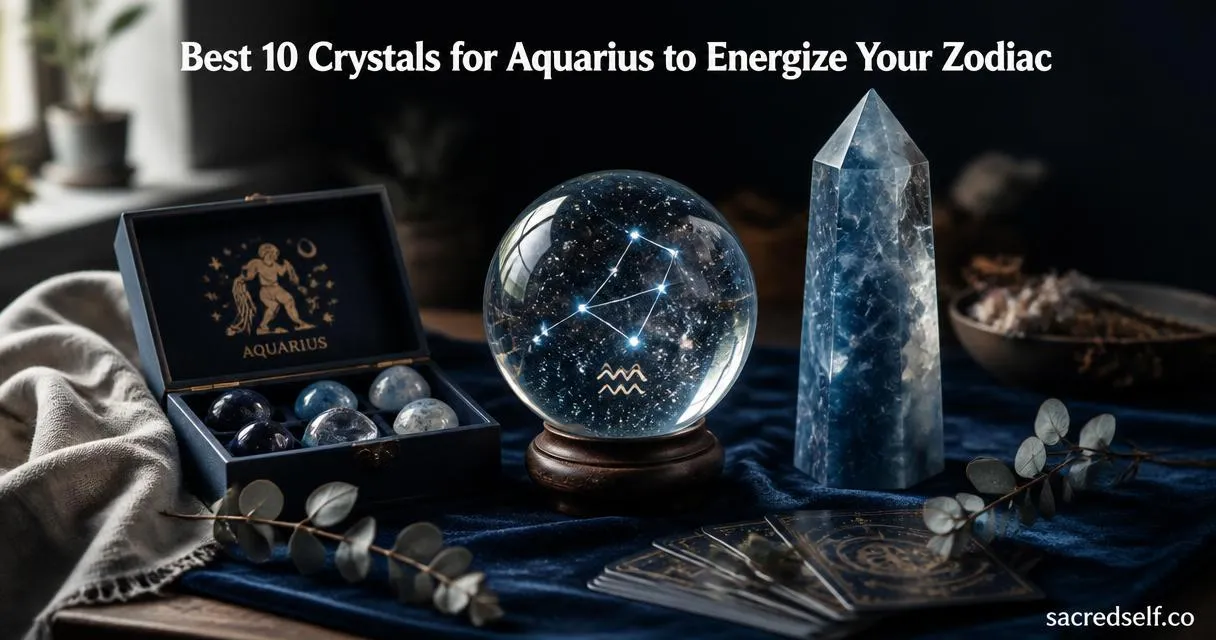 Photorealistic 16:9 image of a 3D laser Aquarius constellation crystal ball as the hero with an Aquarius crystal tower and an open gem healing stones box on a dark velvet table; large white title centered at top reading 'Best 10 Crystals for Aquarius to Energize Your Zodiac' and small white watermark 'sacredself.co' at bottom right.