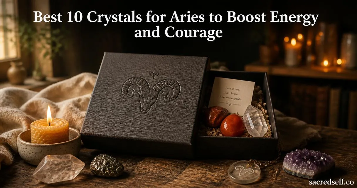 Cozy 16:9 photo of a matte charcoal Aries zodiac crystal gift box with embossed ram glyph, crystals and candle on a wooden table; large white title centered at top and small "sacredself.co" watermark bottom right.