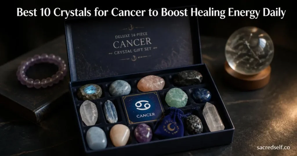 Cozy 16:9 photorealistic still life of a Deluxe 14-piece Cancer crystal gift set centered on a dark tabletop, Cancer zodiac glyph card on top, amethyst bracelet and constellation paperweight softly blurred in the background, large white title at top and small 'sacredself.co' watermark bottom right.
