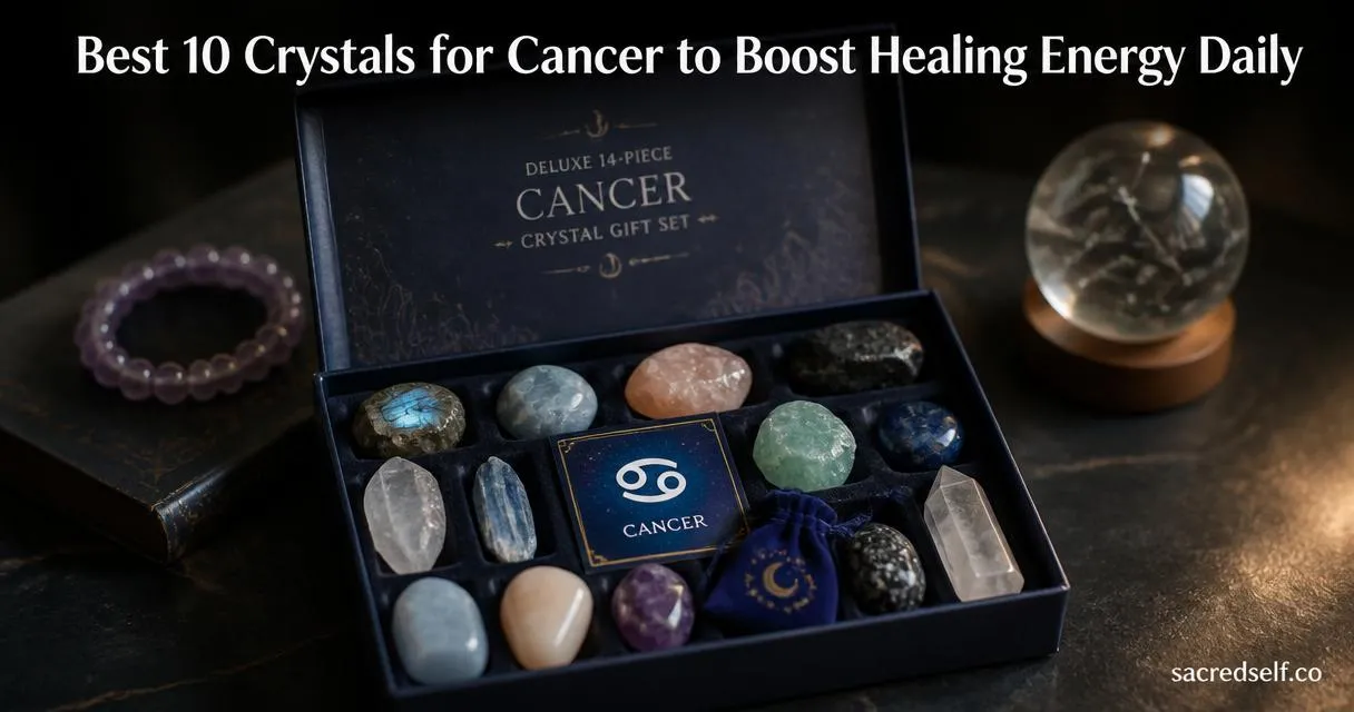 Cozy 16:9 photorealistic still life of a Deluxe 14-piece Cancer crystal gift set centered on a dark tabletop, Cancer zodiac glyph card on top, amethyst bracelet and constellation paperweight softly blurred in the background, large white title at top and small 'sacredself.co' watermark bottom right.