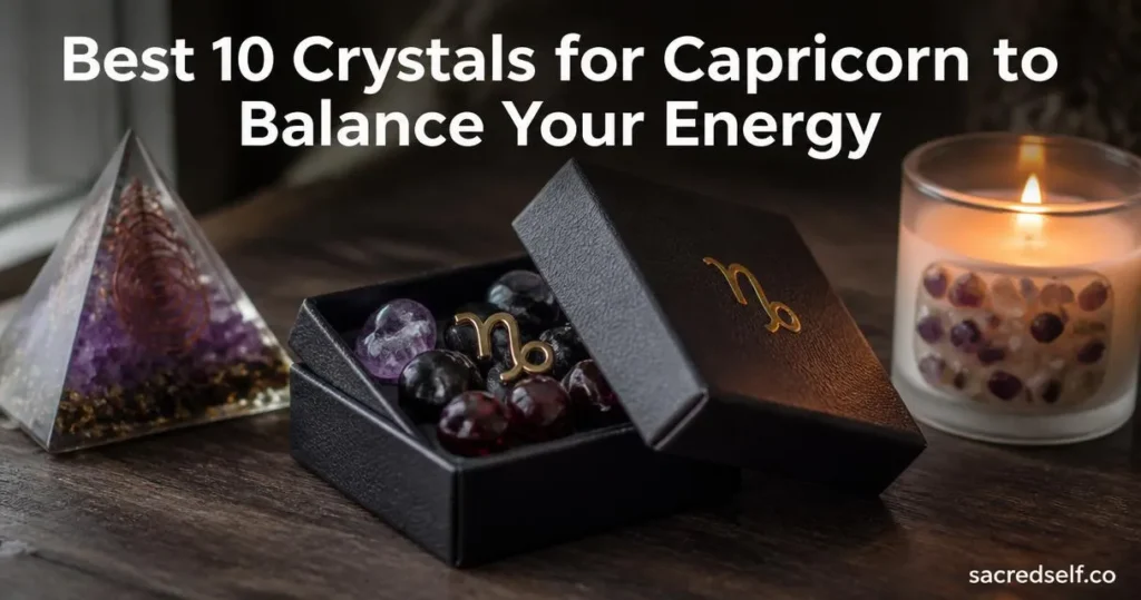 Photorealistic 16:9 cozy arrangement of a Capricorn crystal gift box (opened to show amethyst and other crystals), amethyst orgone pyramid and candle on a dark background; centered white title 'Best 10 Crystals for Capricorn to Balance Your Energy' and small 'sacredself.co' watermark.