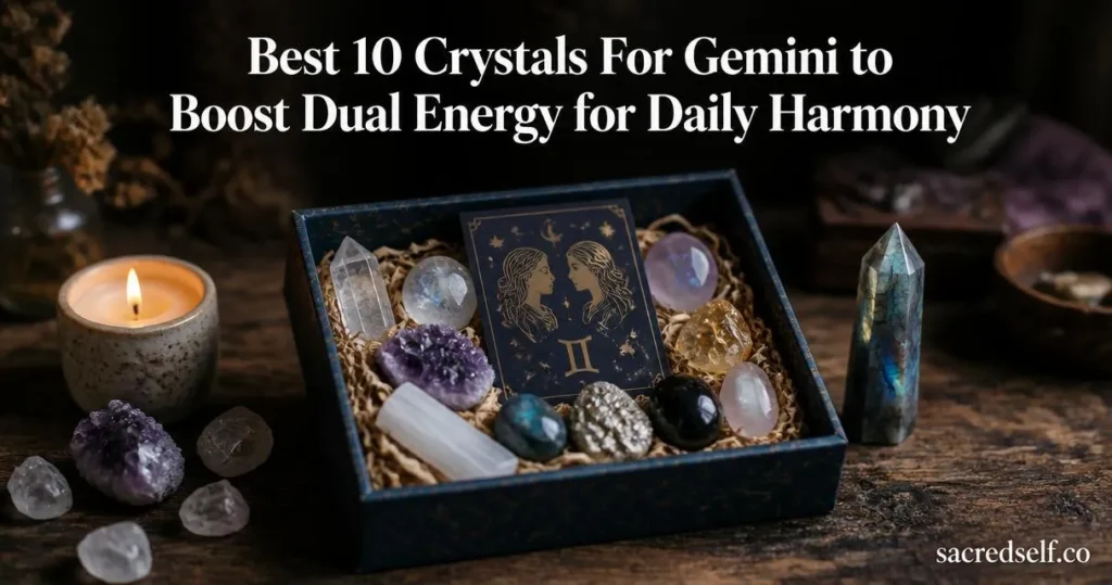 Cozy, photorealistic still-life of a Gemini Zodiac Crystal Gift Set open on a dark wooden table with a Gemini glyph card, crystal tower and candle nearby; warm window light, muted dark background, shallow depth of field.