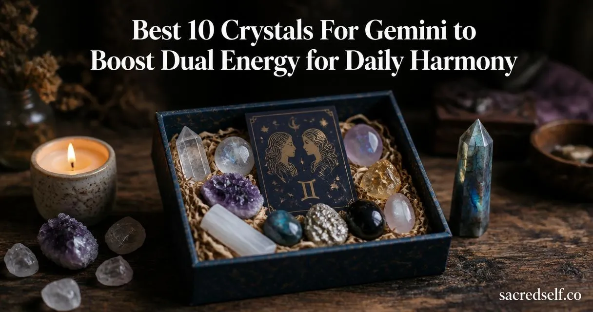 Cozy, photorealistic still-life of a Gemini Zodiac Crystal Gift Set open on a dark wooden table with a Gemini glyph card, crystal tower and candle nearby; warm window light, muted dark background, shallow depth of field.