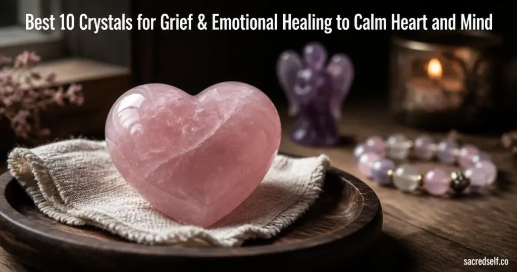 Candid 16:9 still life of a polished rose quartz heart on a dark wooden tray with linen, soft side window light, blurred amethyst figurine and beaded bracelet in background; centered white title at top and small "sacredself.co" watermark bottom right.