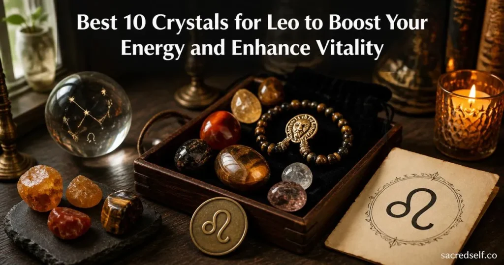 Cozy 16:9 photo of a Leo zodiac crystal gift set and raw crystals on a dark wooden table, Leo glyph visible; white title at top reads 'Best 10 Crystals for Leo to Boost Your Energy and Enhance Vitality' and small 'sacredself.co' watermark in bottom right.