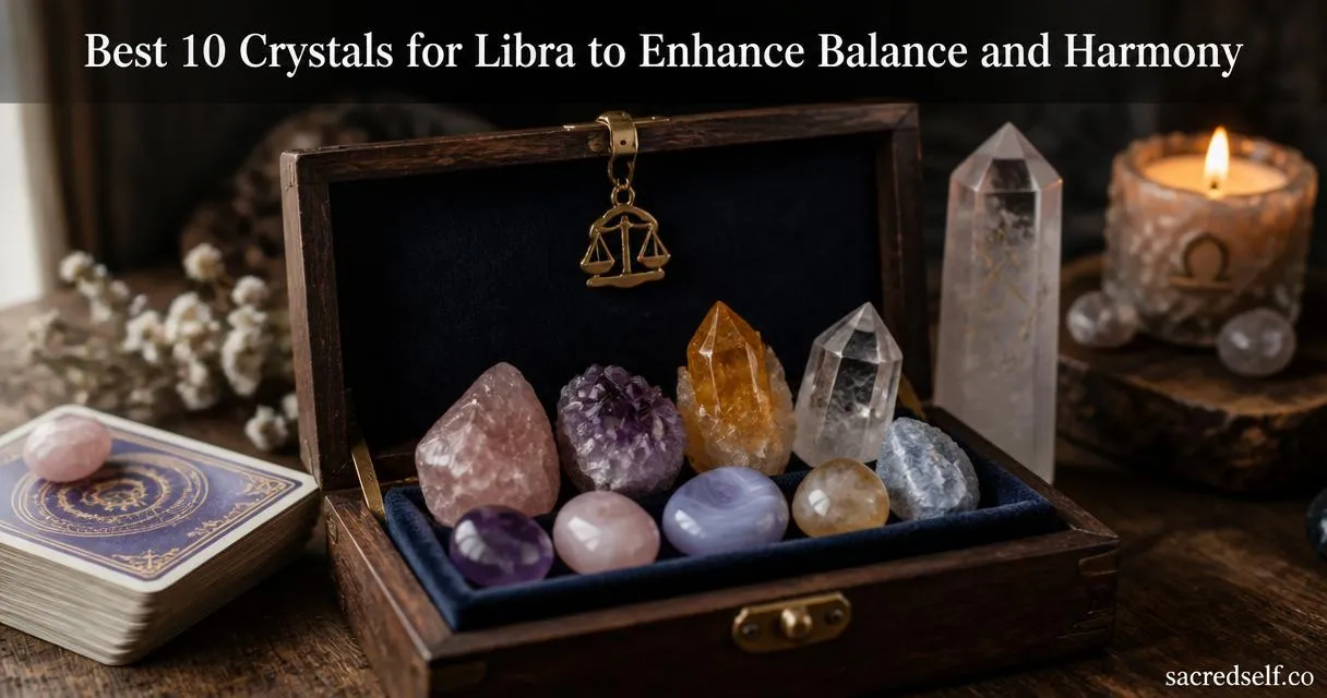 Cozy 16:9 photo of a Libra crystal luxury box with Libra glyph, title overlay at top and 'sacredself.co' watermark.