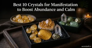 16:9 still-life of a Premium Abundance Healing Crystal Set with central citrine engraved with a small manifestation sigil, supportive citrine and money-success crystal sets blurred in a dark, muted background; large white title centered at top and tiny 'sacredself.co' watermark bottom right.