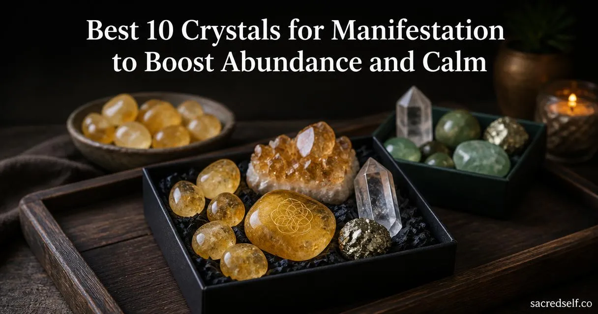 16:9 still-life of a Premium Abundance Healing Crystal Set with central citrine engraved with a small manifestation sigil, supportive citrine and money-success crystal sets blurred in a dark, muted background; large white title centered at top and tiny 'sacredself.co' watermark bottom right.
