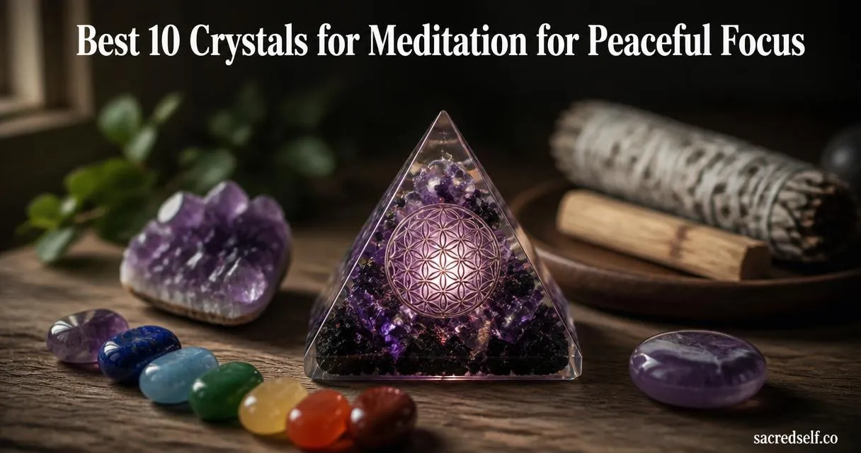 Cozy 16:9 photorealistic image of a Flower of Life amethyst orgone pyramid centered on a wooden table surrounded by amethyst and chakra stones, soft natural side light, muted dark bokeh background; large white title at top reads 'Best 10 Crystals for Meditation for Peaceful Focus' and small 'sacredself.co' watermark at bottom right.