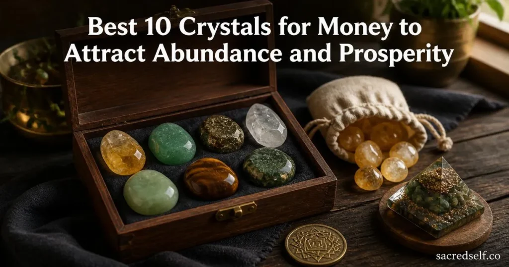 Photorealistic 16:9 arrangement of a 7-piece money manifestation crystal set in an open wooden box with tumbled citrine stones in a linen pouch and a small crystal pyramid on a dark cloth, white title text 'Best 10 Crystals for Money to Attract Abundance and Prosperity' centered at top, small 'sacredself.co' watermark bottom right.
