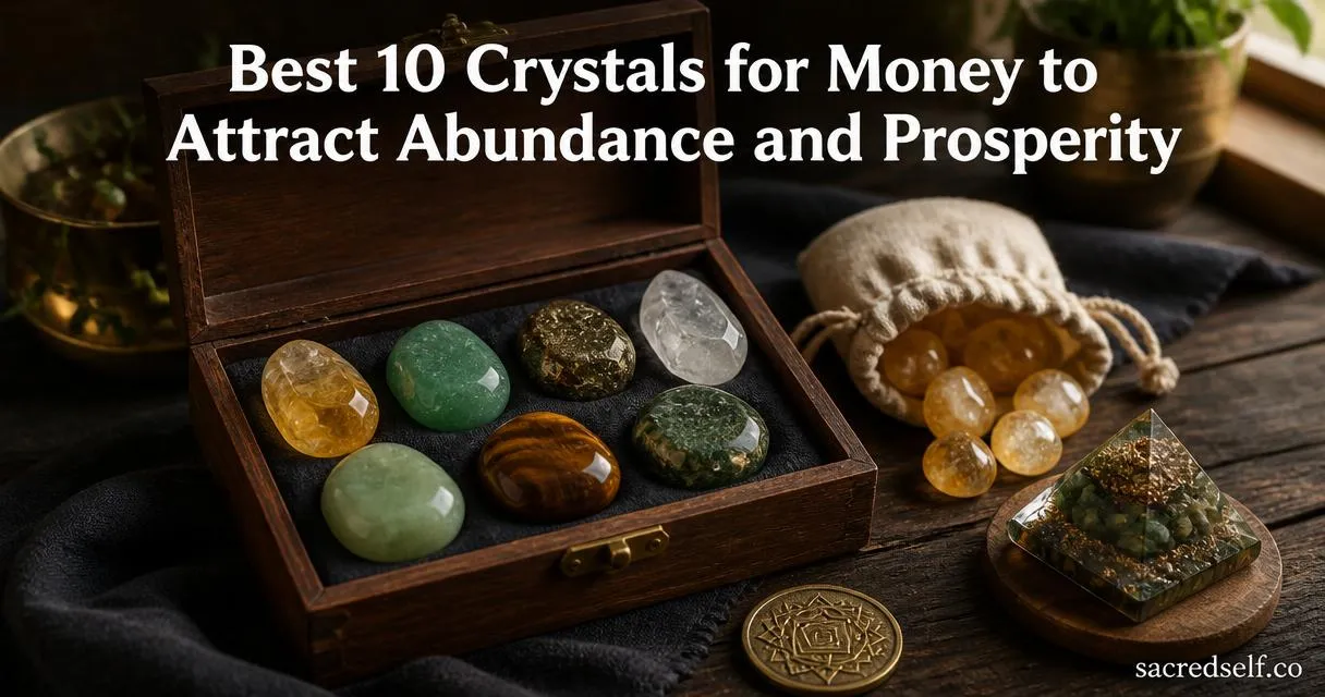 Photorealistic 16:9 arrangement of a 7-piece money manifestation crystal set in an open wooden box with tumbled citrine stones in a linen pouch and a small crystal pyramid on a dark cloth, white title text 'Best 10 Crystals for Money to Attract Abundance and Prosperity' centered at top, small 'sacredself.co' watermark bottom right.