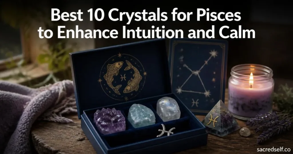 Cozy 16:9 photo of a Pisces horoscope crystal gift set with visible Pisces glyph charm, amethyst candle and crystal pyramid on a dark muted background; large white title at top and small "sacredself.co" watermark bottom right.