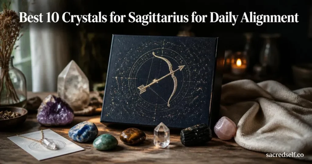 Cozy photorealistic arrangement of a Sagittarius crystal gift set with horoscope box and crystals, dark muted background, white title at top and small 'sacredself.co' watermark bottom right.