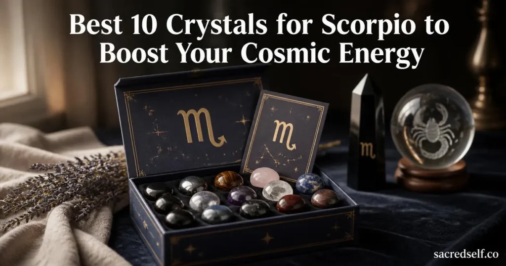 Photorealistic 16:9 image of a Scorpio crystal gift set open on a dark velvet surface with the Scorpio glyph visible, warm side light, obsidian tower and crystal ball blurred behind; large white title at top and small "sacredself.co" watermark bottom right.