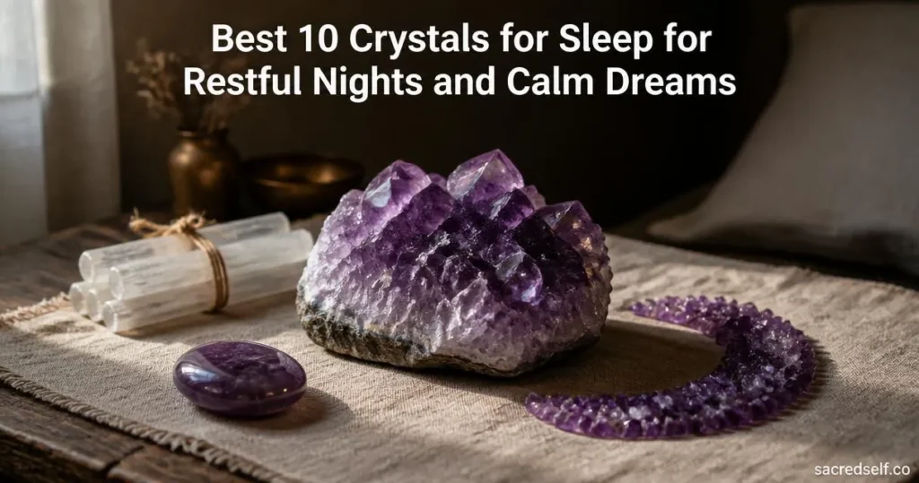 Cozy bedside arrangement with large raw amethyst, selenite sticks and an amethyst worry stone, crescent moon of amethyst chips; white title at top and small "sacredself.co" watermark bottom right.