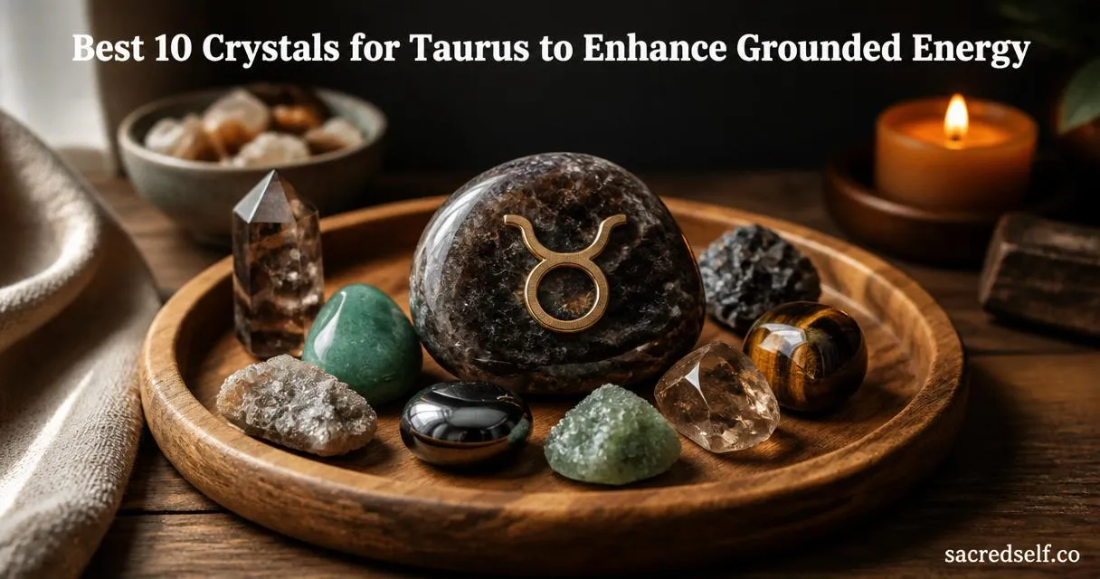 Photorealistic still-life of a Taurus zodiac crystal gift set on a wooden tray with a prominent brass Taurus glyph on the central stone, dark muted bokeh background, white title centered at top and small 'sacredself.co' watermark bottom-right.