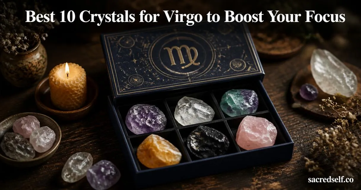 Candid 16:9 photo of a Virgo crystal gift set with horoscope box (Virgo glyph embossed), raw crystals on a dark wooden table, warm natural light, soft bokeh background; white title centered top and small "sacredself.co" watermark bottom right.