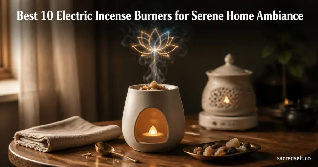 Cozy photorealistic 16:9 image of an elegant ceramic electric incense burner with LED flame on a wooden table, curling smoke forming a glowing lotus-shaped electric spark above it, an enclosed ceramic warmer blurred in the background, dark muted bokeh background, white title centered at top and small "sacredself.co" watermark bottom right.