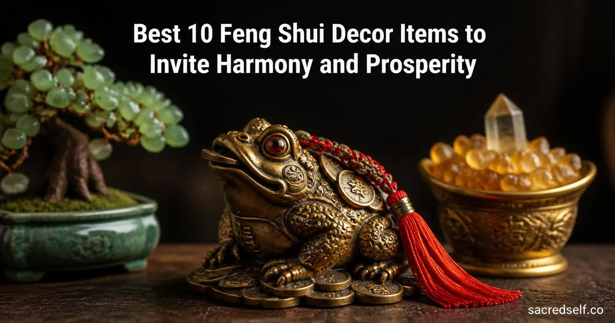 16:9 photorealistic still-life of an ornate metal Feng Shui money frog centered on a dark wooden table, flanked by a green aventurine money tree and a golden crystal basin, soft natural light, dark muted background, large white title at top and small 'sacredself.co' watermark bottom right.