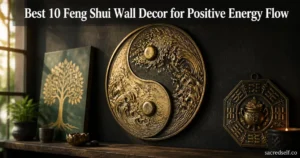 Cozy 16:9 photo of a brass Yin-Yang wall sculpture centered with Tree of Life canvas and feng shui metal art nearby, dark muted background, white title at top and small 'sacredself.co' watermark bottom right.