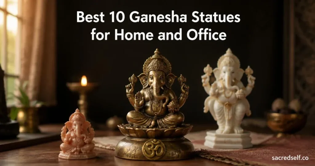 Antique bronze Ganesha sitting on a lotus in a cozy tabletop arrangement with two smaller Ganesh figures, dark muted background, space for title and small sacredself.co watermark.