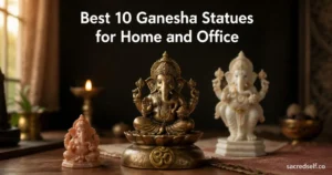 Antique bronze Ganesha sitting on a lotus in a cozy tabletop arrangement with two smaller Ganesh figures, dark muted background, space for title and small sacredself.co watermark.