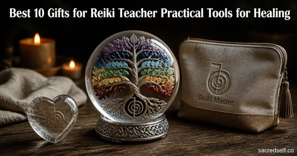 16:9 photorealistic still life of a 7-chakra Tree of Life crystal as the hero product with a heart-shaped crystal paperweight and a neutral Reiki relaxation makeup bag, embossed Cho Ku Rei symbol visible, dark muted bokeh background, centered white title at top 'Best 10 Gifts for Reiki Teacher Practical Tools for Healing', small white 'sacredself.co' watermark bottom right.