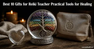 16:9 photorealistic still life of a 7-chakra Tree of Life crystal as the hero product with a heart-shaped crystal paperweight and a neutral Reiki relaxation makeup bag, embossed Cho Ku Rei symbol visible, dark muted bokeh background, centered white title at top 'Best 10 Gifts for Reiki Teacher Practical Tools for Healing', small white 'sacredself.co' watermark bottom right.