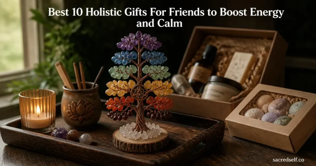 Photorealistic 16:9 still-life of a handmade 7-chakra crystal tree on a dark wooden tray with spa gift items softly blurred behind, large white title centered at top and small 'sacredself.co' watermark bottom right.