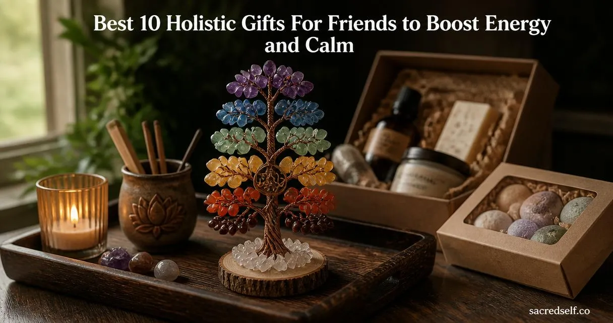 Photorealistic 16:9 still-life of a handmade 7-chakra crystal tree on a dark wooden tray with spa gift items softly blurred behind, large white title centered at top and small 'sacredself.co' watermark bottom right.