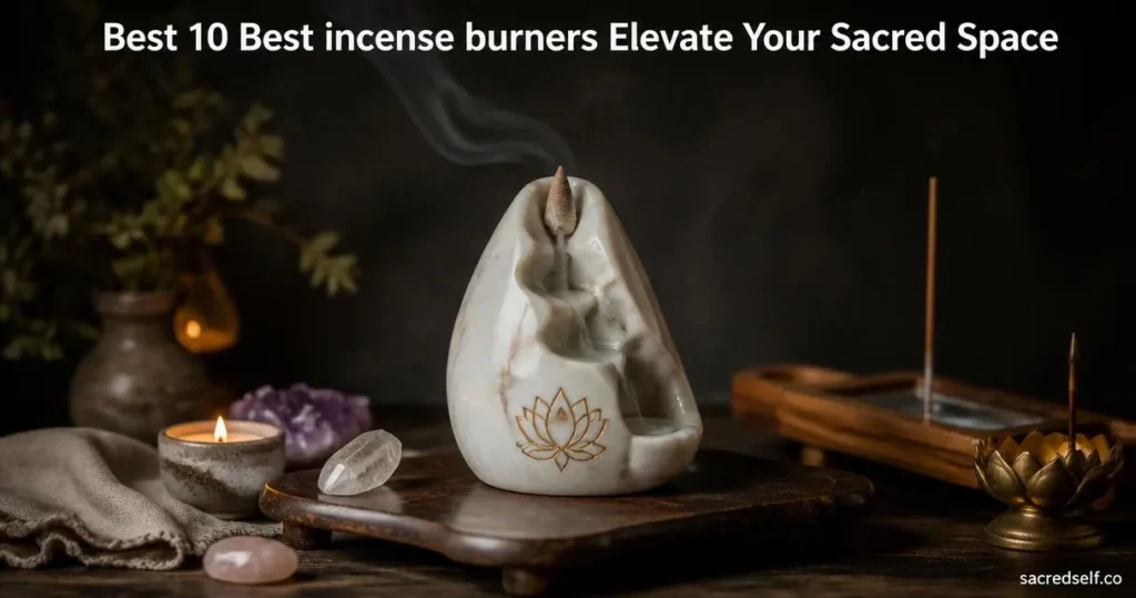 Photorealistic 16:9 still-life of a handmade marble reflux incense burner with a visible lotus engraving, flanked by a wooden incense holder with glass catcher and a brass lotus incense holder, warm candlelight, dark muted background, space at top for large white title and a small bottom-right watermark 'sacredself.co'.