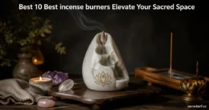 Photorealistic 16:9 still-life of a handmade marble reflux incense burner with a visible lotus engraving, flanked by a wooden incense holder with glass catcher and a brass lotus incense holder, warm candlelight, dark muted background, space at top for large white title and a small bottom-right watermark 'sacredself.co'.